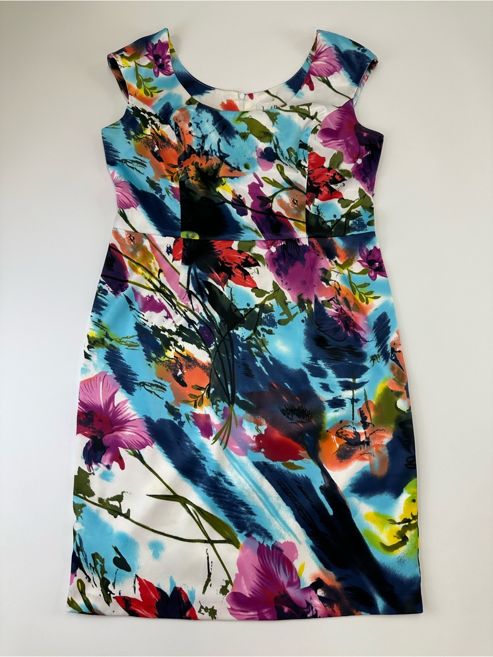 Joseph Ribkoff Floral Satin Dress Size 12 14 Lined Sheath Cocktail Party